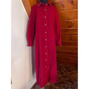 Vintage 80s 90s Maroon Red Corduroy Maxi Shirt Dress / Duster sz 16 Cottagecore